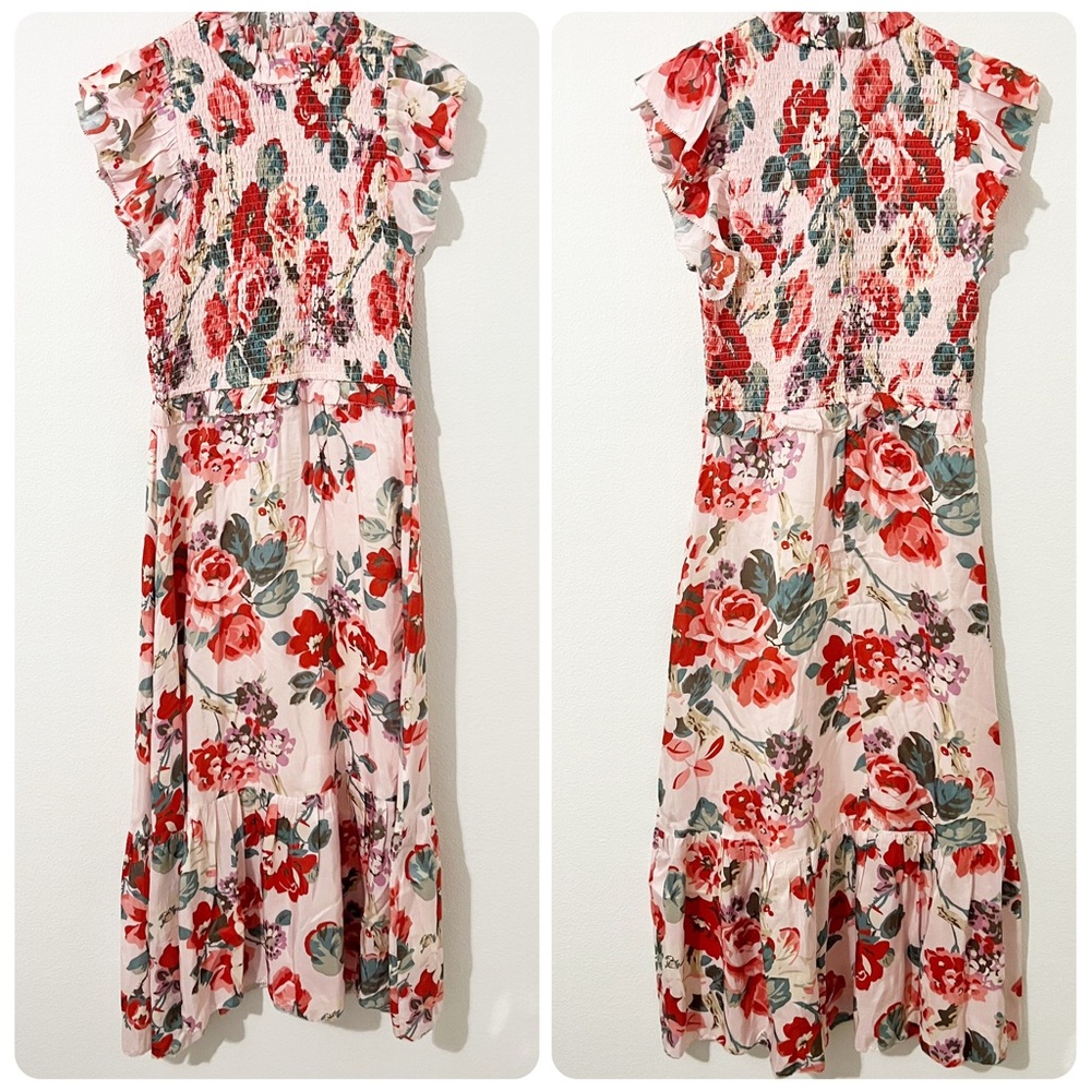 Sea New York Lanie Floral Smocked Midi Dress 100% Silk Pink floral Size Medium M - Picture 2 of 7